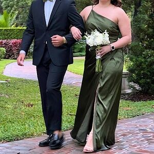 Davids Bridal Galina Signature Charmeuse Draped One-Shoulder Dress Martini Olive